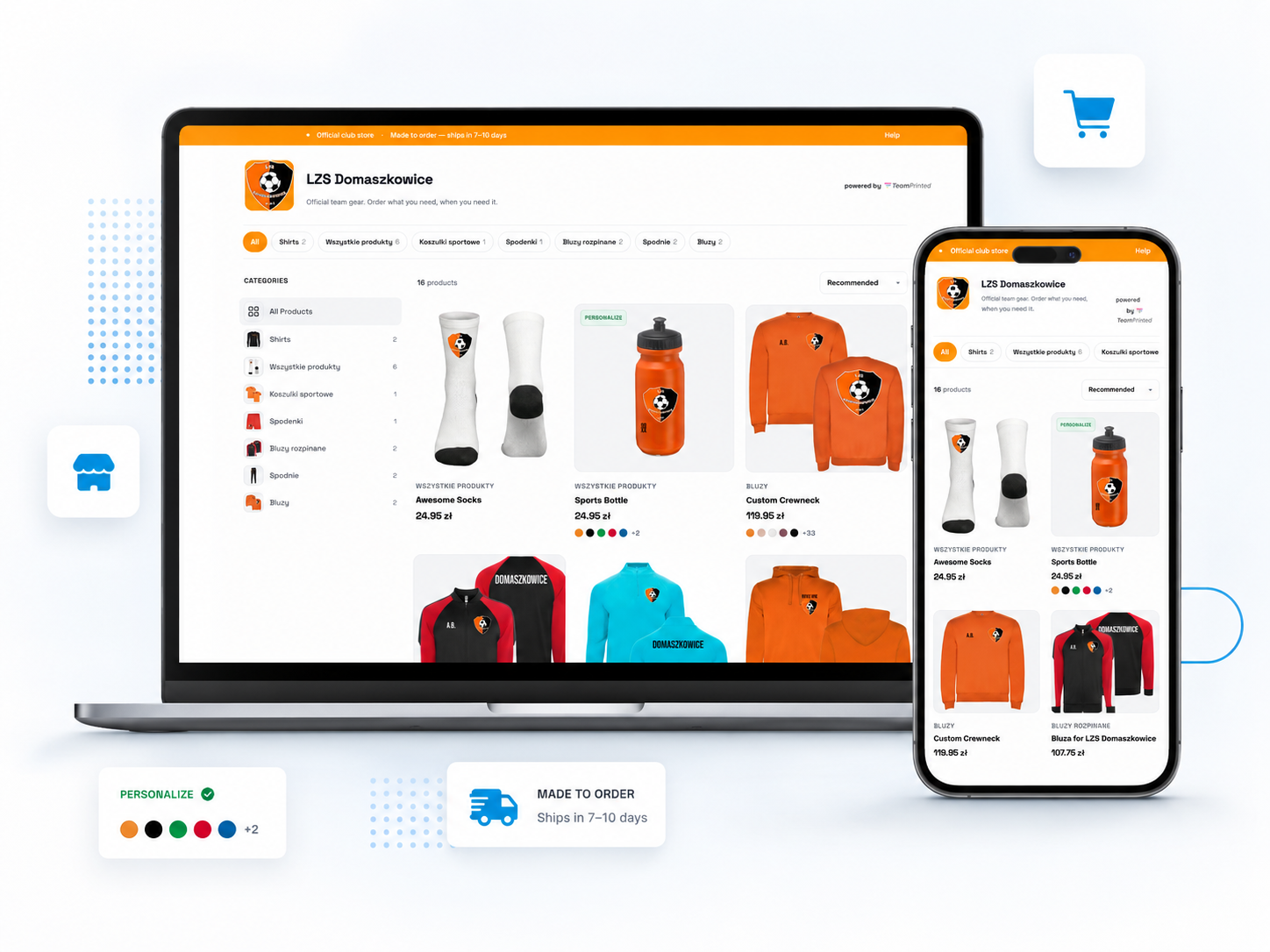 Una tienda de club TeamPrinted en laptop y teléfono