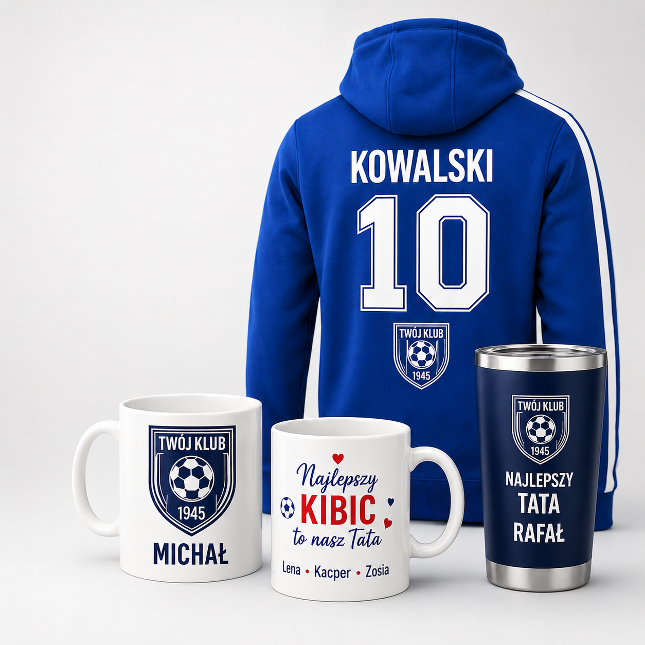 Sudadera personalizada del club, tazas y vaso con nombre y número